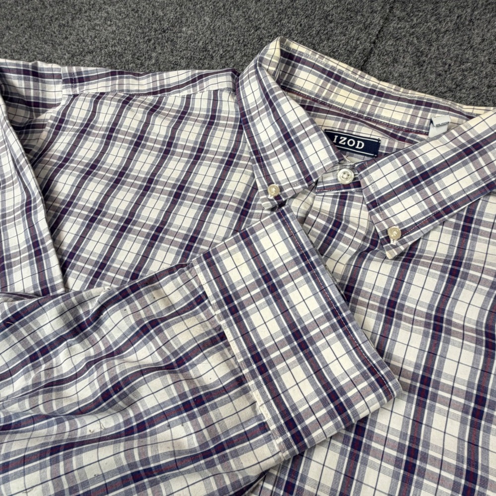 IZOD Mens Big Tall 3XL Plaid Button Down Shirt Navy Blue Burgundy 19 34/35‎